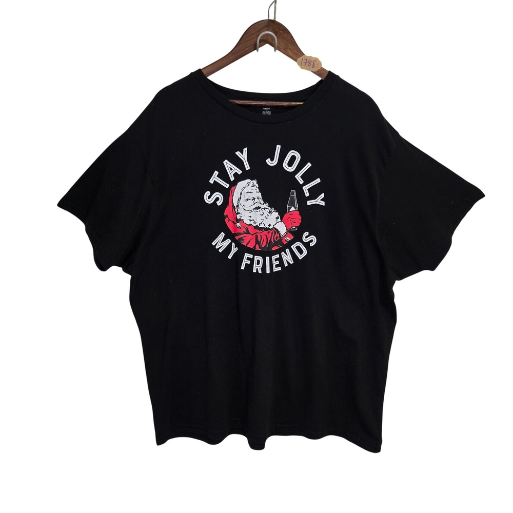 Holiday Time Mens Stay Jolly My Friends Santa Graphic T-Shirt Black 3XL
